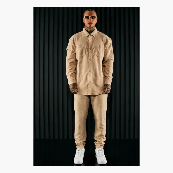 Men's Beige Textured Long-Sleeve Shirt